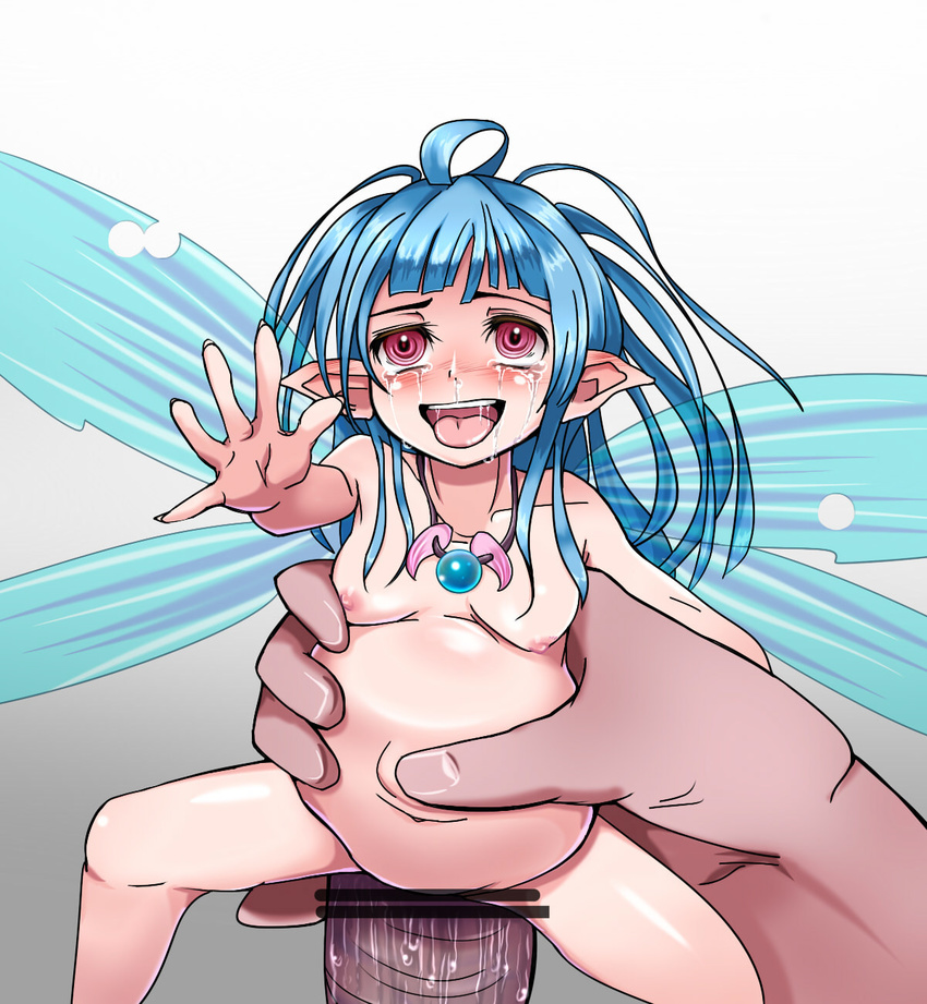 1boy 1girl ahegao blue_hair blush breasts fairy gradient gradient_background hair_ornament hetero high_resolution holding insertion jewelry large_insertion long_hair looking_at_viewer minigirl necklace nipples nude open_mouth outstretched_hand penis pointy_ears purple_eyes saliva shiny shiny_skin simple_background size_difference small_breasts solo_focus stomach_bulge tears tongue tongue_out wings