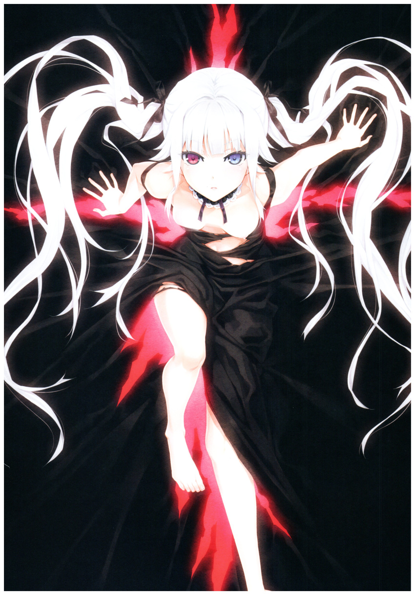 absurdres barefoot bishoujo_mangekyou black_dress blush breasts dress hair_ribbon happoubi_jin heterochromia highres kagarino_kirie long_hair long_legs looking_at_viewer nipples red_eyes ribbon silver_hair sitting small_breasts solo twintails