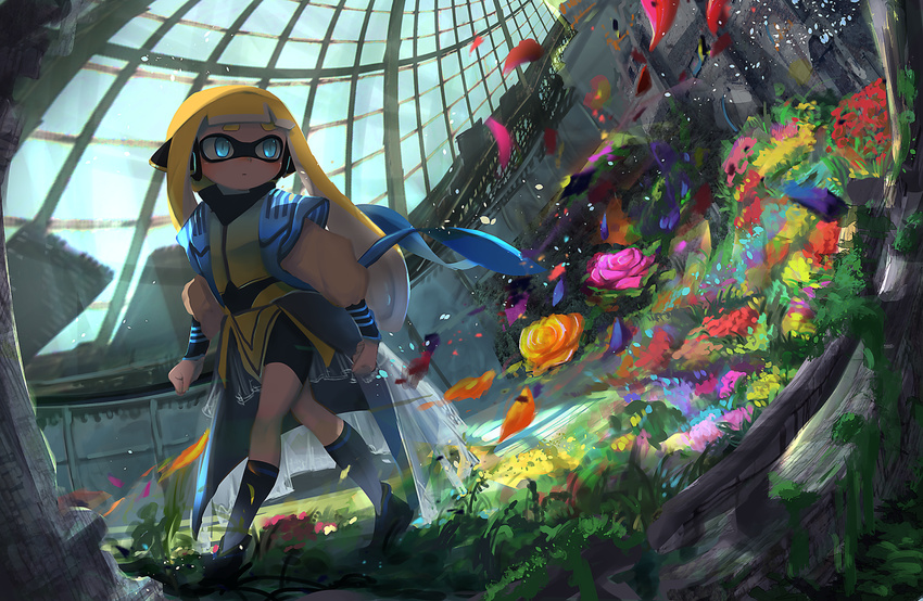 1girl adapted_costume bangs bike_shorts black_legwear black_shoes black_shorts blonde_hair blue_eyes blunt_bangs closed_mouth day dome domino_mask dutch_angle field flower flower_field headgear inkling kashu_(hizake) long_hair looking_back mask petals shirt shoes shorts socks solo splatoon squidbeak_splatoon tentacle_hair walking wind yellow_shirt