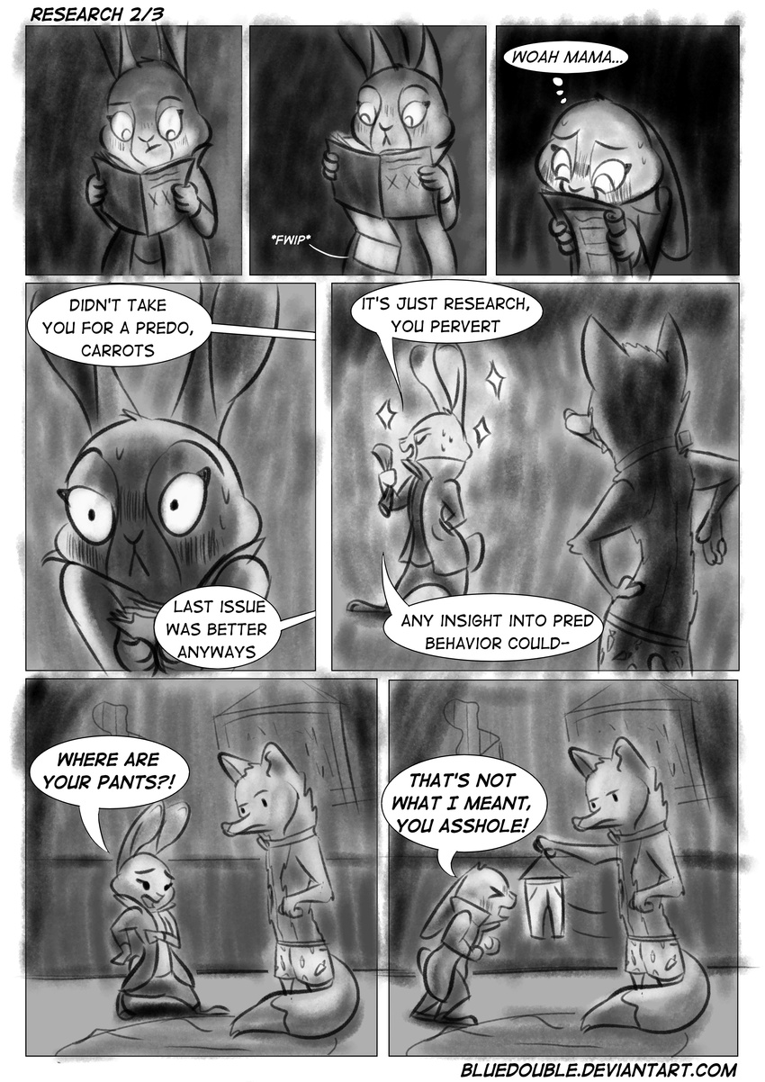 2017 anthro black_and_white bluedouble blush boxers_(clothing) canine clothed clothing collar comic crossed_arms dialogue disney english_text female fox judy_hopps lagomorph male mammal monochrome nick_wilde pornography rabbit shock_collar shrug sweat sweatdrop text topless underwear zistopia zootopia
