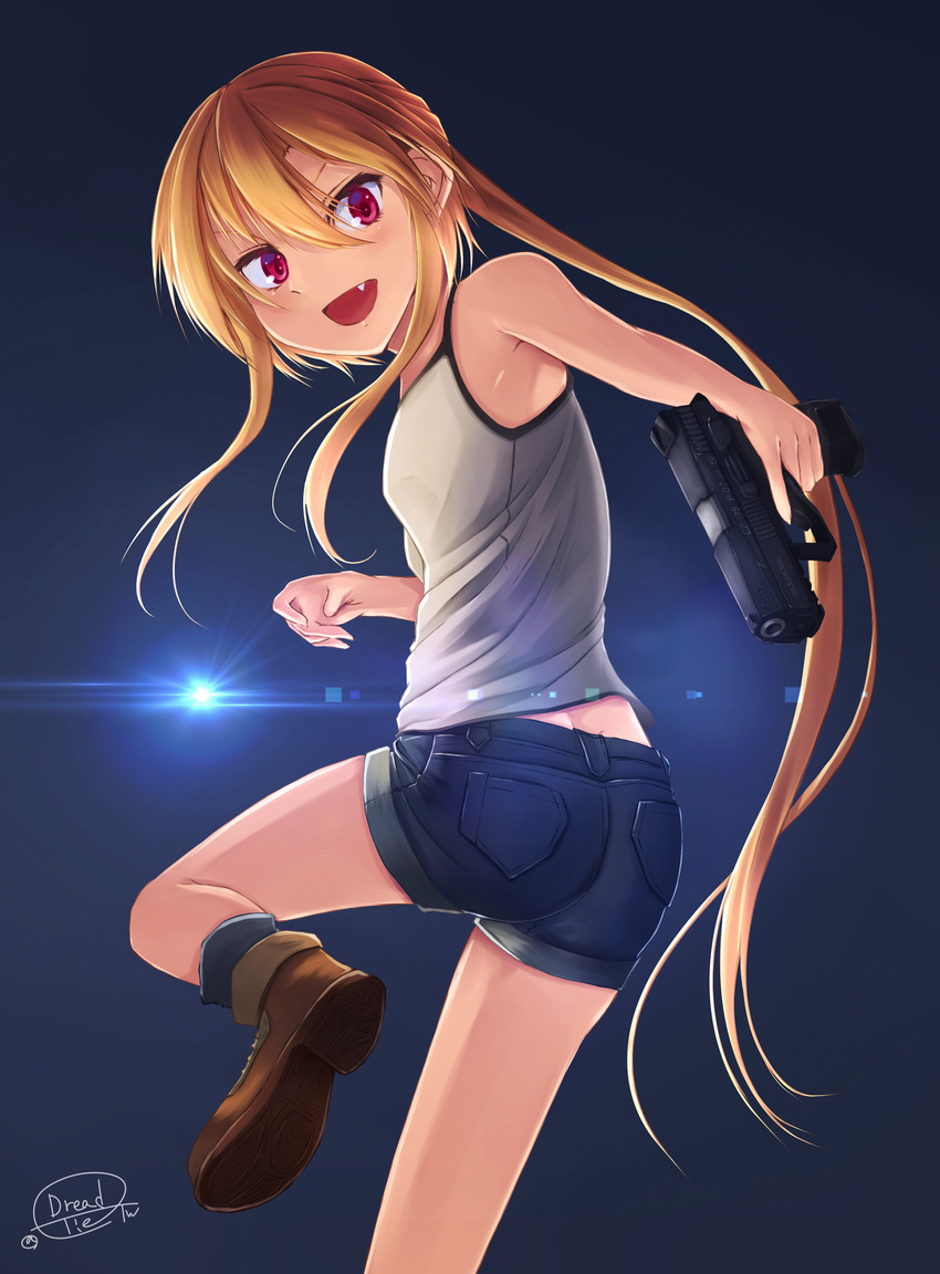 blonde_hair commentary_request cz-75 dreadtie fang gun handgun highres holding holding_gun holding_weapon jessica_jefferson long_hair original pistol ponytail red_eyes revision shorts solo trigger_discipline very_long_hair weapon