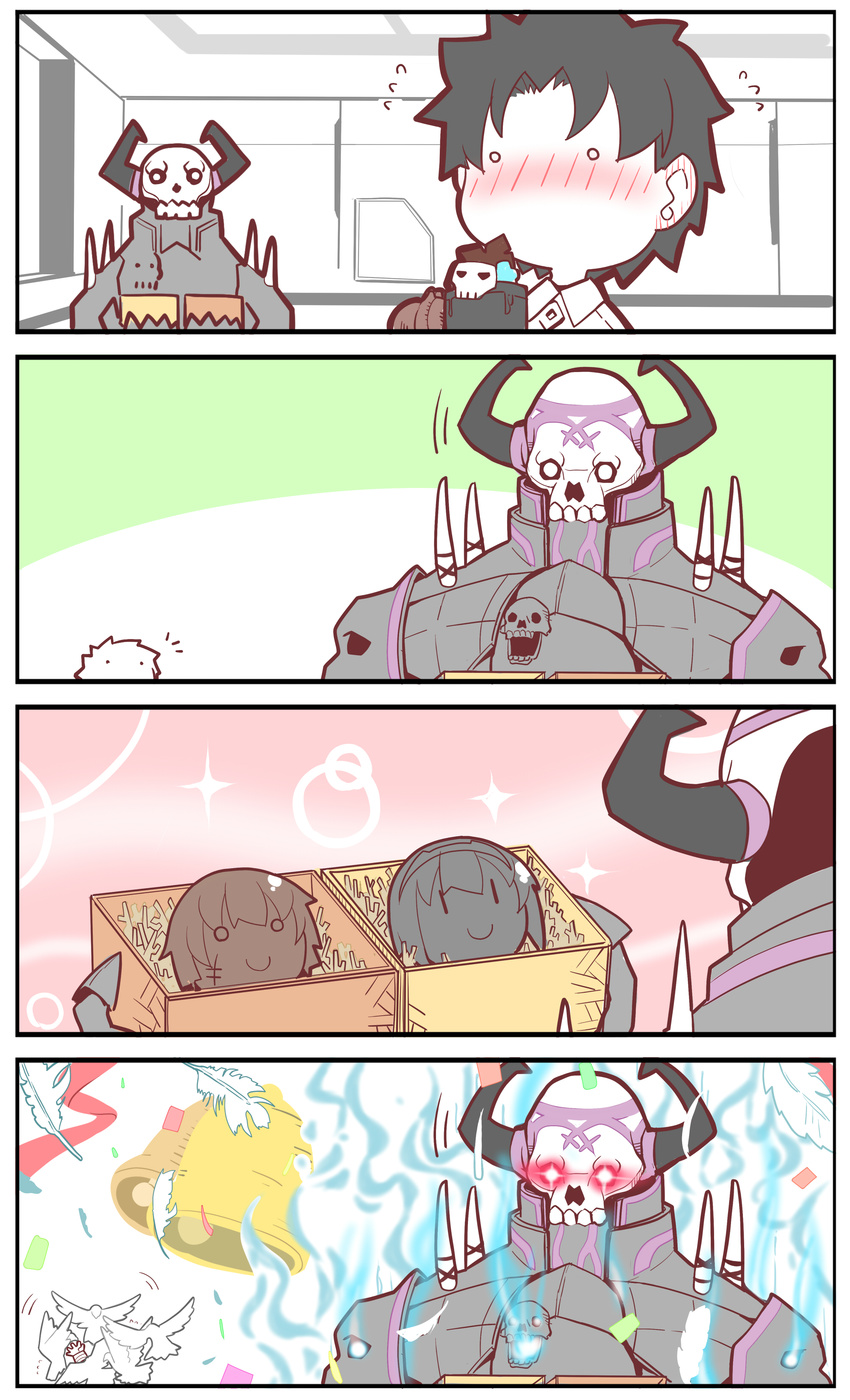 4koma absurdres alex_(alexandoria) armor black_hair blush box cloak comic fate/apocrypha fate/grand_order fate/prototype fate/prototype:_fragments_of_blue_and_silver fate_(series) fujimaru_ritsuka_(male) gift gift_box glowing glowing_eyes hassan_of_serenity_(fate) highres horns jack_the_ripper_(fate/apocrypha) king_hassan_(fate/grand_order) long_sleeves mask multiple_boys silent_comic skull skull_mask