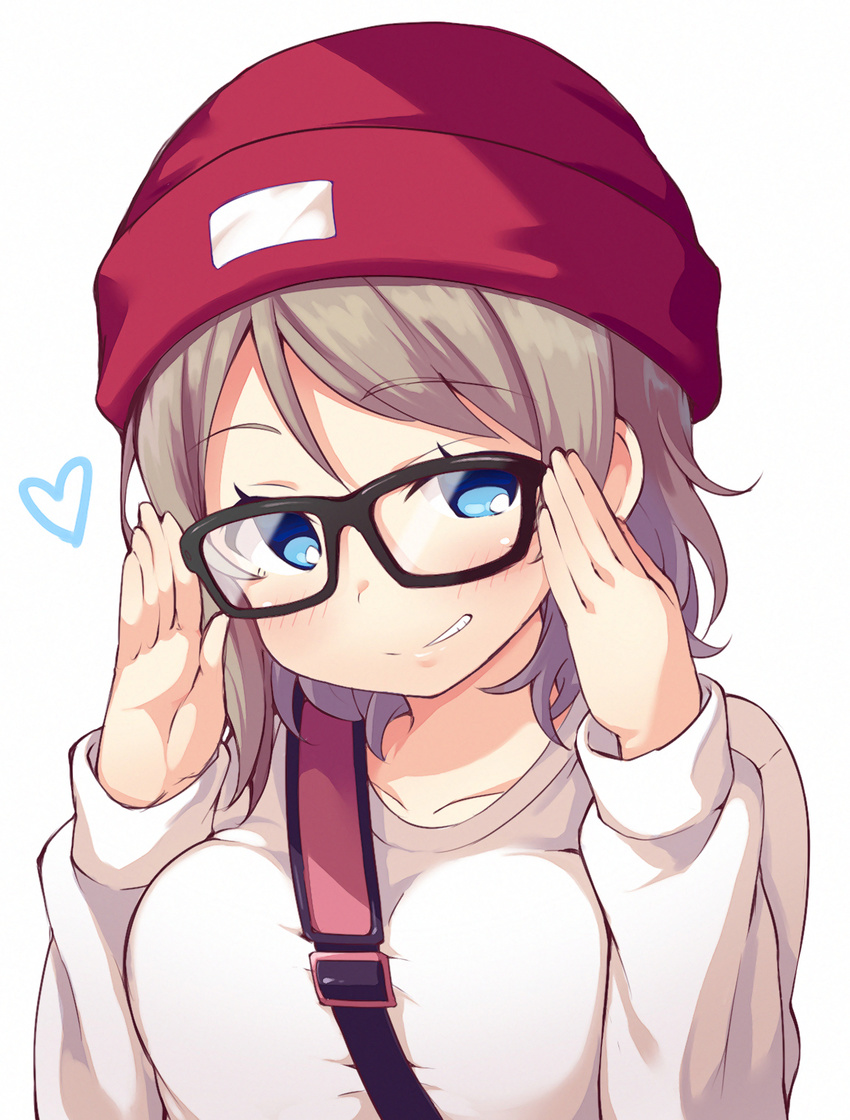 adjusting_eyewear bespectacled between_breasts blue_eyes blush breasts brown_hair commentary_request eyebrows_visible_through_hair glasses hat heart highres long_sleeves looking_at_viewer love_live! love_live!_sunshine!! medium_breasts robin16 short_hair smile solo strap_cleavage upper_body watanabe_you