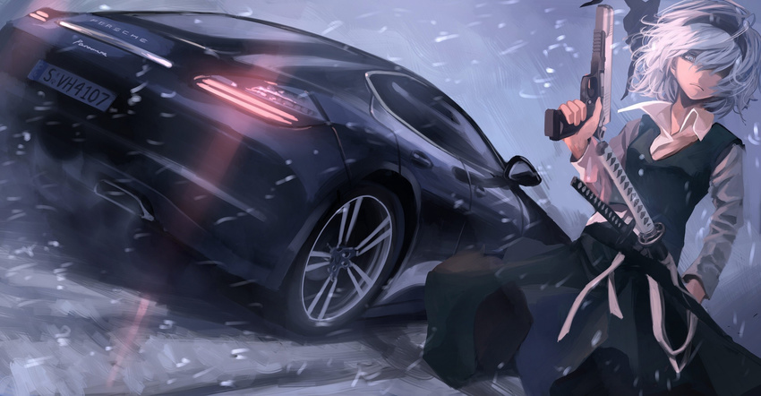 car dress ground_vehicle gun hair_over_eyes hair_ribbon handgun highres katana koh_(minagi_kou) konpaku_youmu long_sleeves looking_at_viewer m1911 motor_vehicle pistol porsche porsche_panamera rain revision ribbon shirt silver_hair solo sword touhou weapon