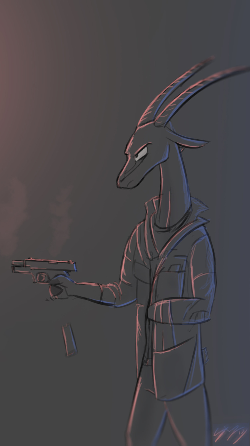 2017 antelope anthro clothed clothing disney fan_character gun hand_in_pocket handgun holding_object holding_weapon horn mammal oliver_hornski pistol ranged_weapon solo weapon yitexity zootopia