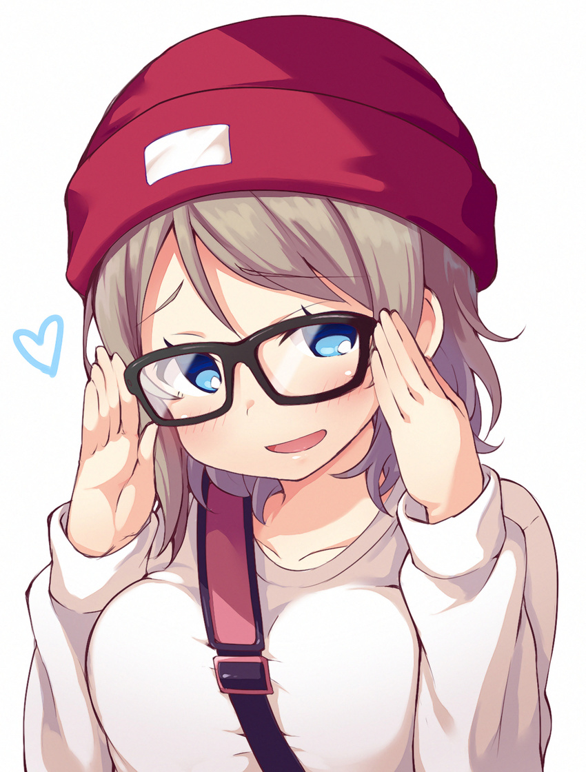 adjusting_eyewear bespectacled between_breasts blue_eyes blush breasts brown_hair eyebrows_visible_through_hair glasses hat heart highres long_sleeves looking_at_viewer love_live! love_live!_sunshine!! medium_breasts robin16 short_hair smile solo strap_cleavage upper_body watanabe_you