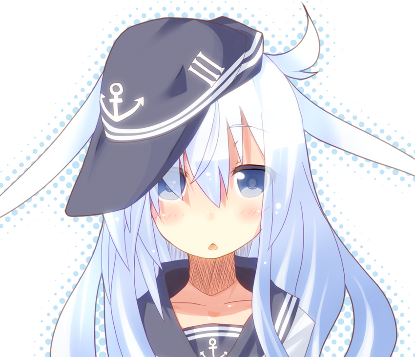 anchor black_hat blue_eyes blue_hair blush eyebrows_visible_through_hair eyes_visible_through_hair hat hibiki_(kantai_collection) kantai_collection long_hair looking_at_viewer miiyon open_mouth solo triangle_mouth