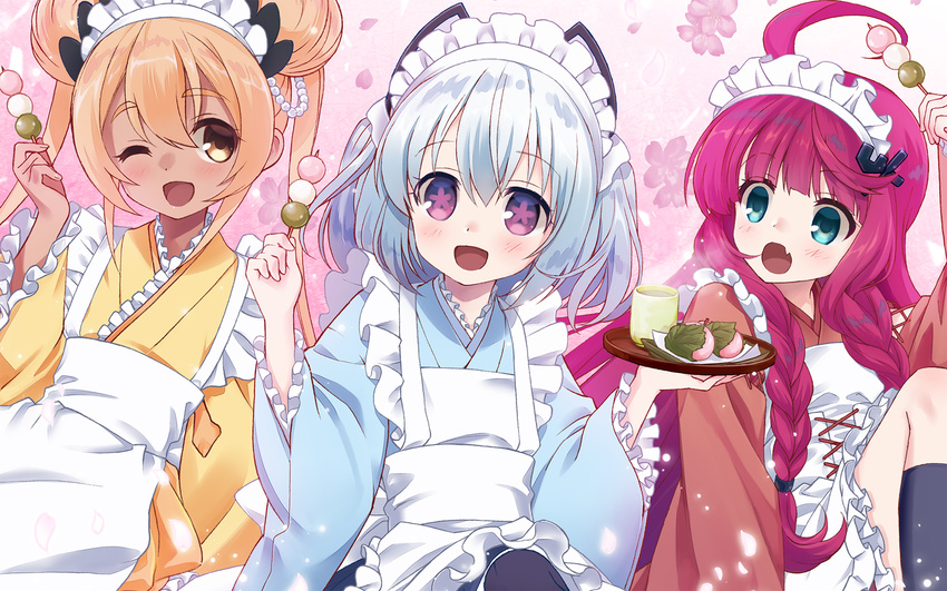 3girls :d ;d ahoge apron arm_up black_legwear blue_eyes blue_kimono braid brown_eyes brown_hair brown_kimono dango dr._mirio food frilled_kimono frills highres japanese_clothes kimono kneehighs long_hair maid_apron maid_headdress multiple_girls oizumi one_eye_closed open_mouth purima purple_eyes red_hair sanshoku_dango silver_hair smile touyama_maki twintails very_long_hair wa_maid wagashi white_apron yellow_kimono