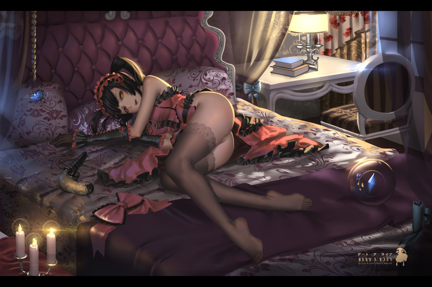 ass bangs bare_shoulders black_gloves black_hair black_legwear book_stack bow breasts candle candlelight candlestand chair commentary_request date_a_live dress feet gloves gothic_lolita gun hairband handgun heterochromia highres hk_(hk) lace lace-trimmed_thighhighs lamp letterboxed lolita_fashion lolita_hairband long_hair looking_at_viewer lying medium_breasts no_panties on_bed on_side parted_lips pistol red_bow red_dress red_eyes revision solo table thighhighs tokisaki_kurumi twintails weapon yellow_eyes