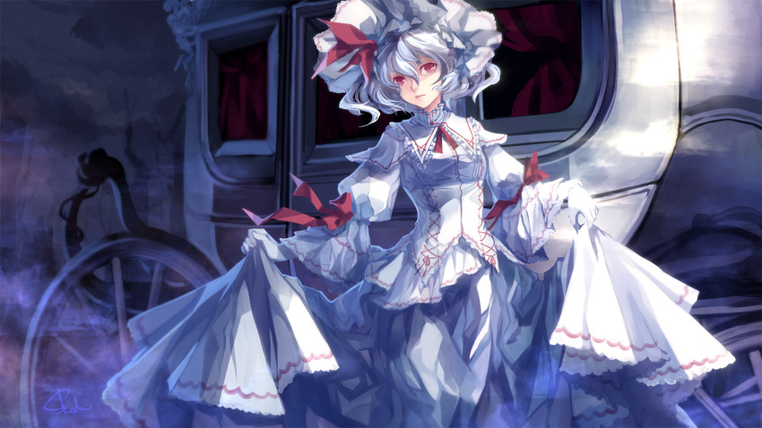 ascot blue_hair carriage curtsey dress gloves hat highres looking_at_viewer red_eyes remilia_scarlet revision short_hair skade solo touhou white_gloves wings