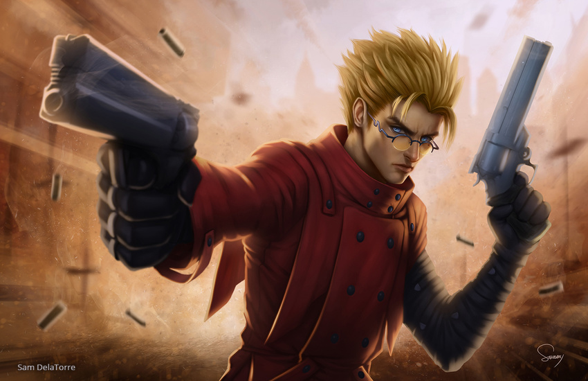 artist_name asymmetrical_clothes bandaged_arm bandages black_gloves blonde_hair blue_eyes brown_background coat double-breasted dual_wielding eyebrows foreshortening furrowed_eyebrows glasses gloves gun handgun holding lips male_focus motion_blur outstretched_arm over-rim_eyewear red_coat revolver sam_delatore semi-rimless_eyewear serious shell_casing signature solo spiked_hair tinted_eyewear trigun upper_body vash_the_stampede weapon yellow-tinted_eyewear