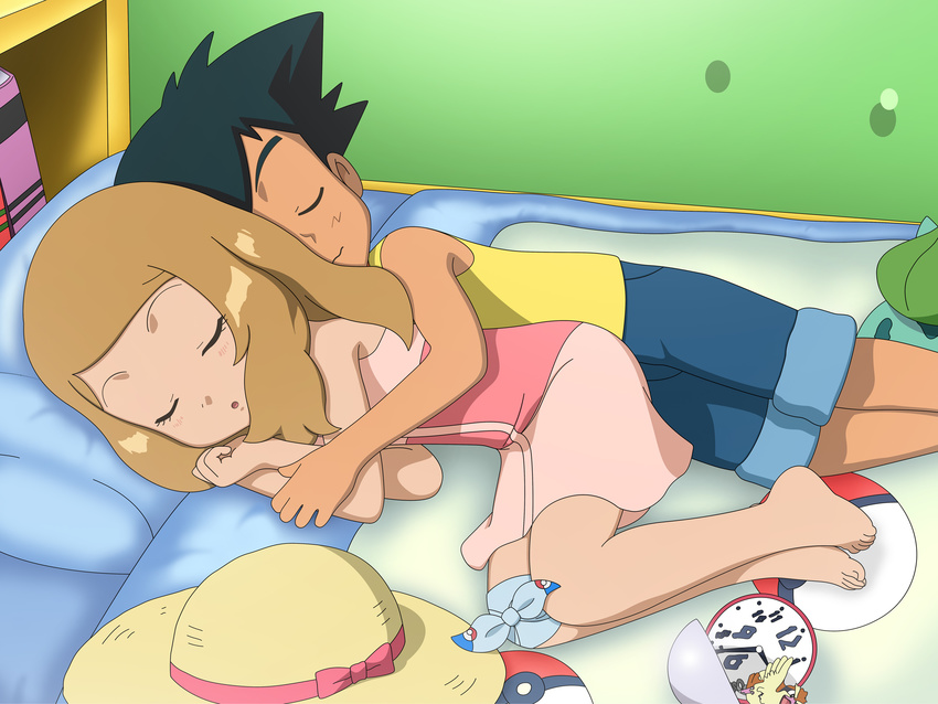 1boy 1girl absurdres bed bedroom blush cuddling eyes_closed highres indoors loli on_bed pokemon pokemon_(anime) pokemon_xy_(anime) satoshi_(pokemon) serena_(pokemon) sleeping smile