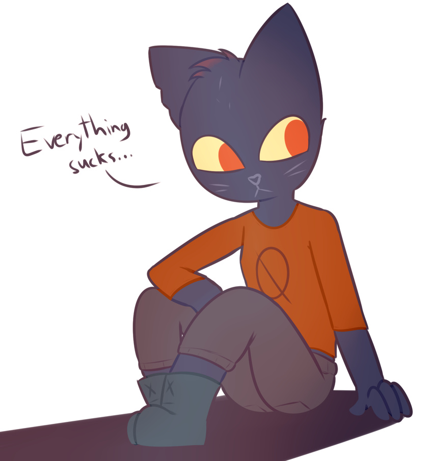 anthro cat clothing english_text feline female mae_(nitw) mammal mrdegradation night_in_the_woods red_eyes shirt solo t-shirt text