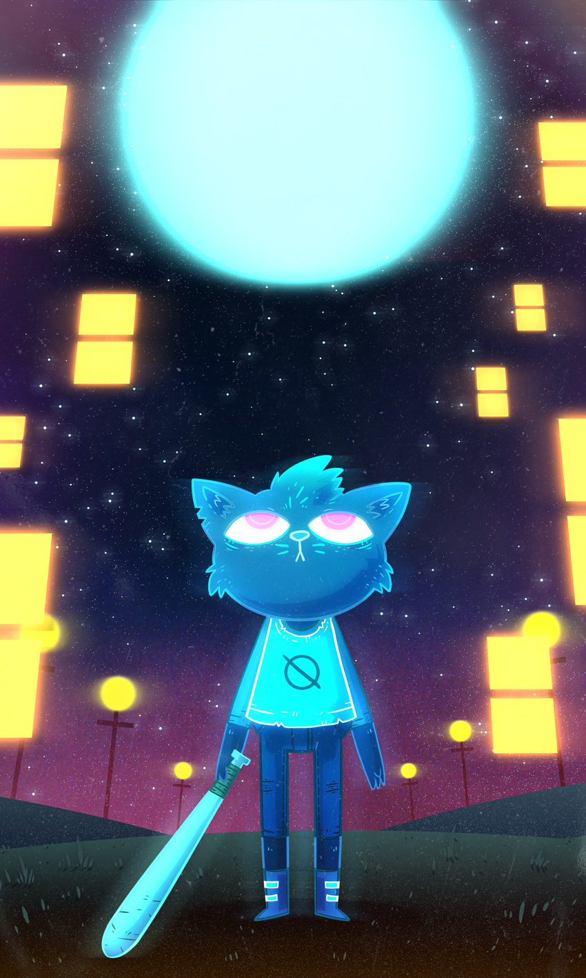 baseball_bat blue_fur cat feline female fur mae_(nitw) mammal moon night_in_the_woods pink_eyes zetrystan