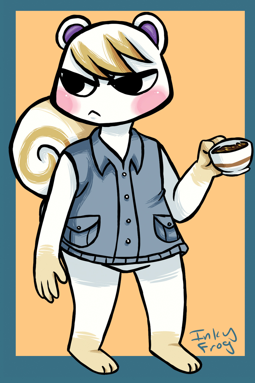 2015 animal_crossing anthro beverage bottomless clothed clothing cup holding_object inkyfrog male mammal marshal_(animal_crossing) nintendo rodent rosy_cheeks solo squirrel standing video_games