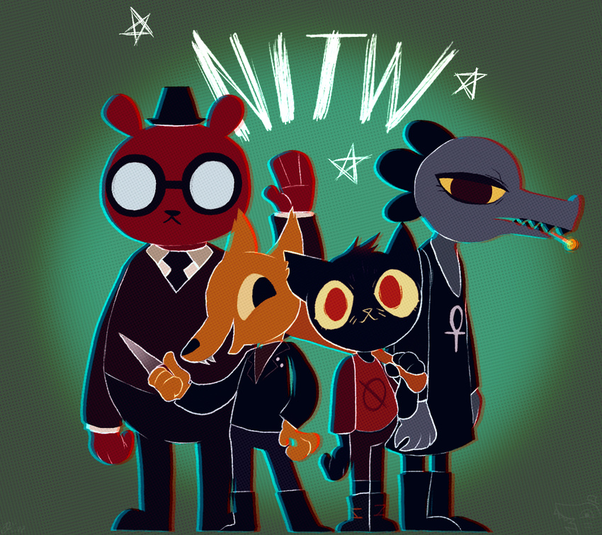 alligator angus_(nitw) baseball_bat bea_(nitw) bear black_eyes canine cat crocodilian feline female fox gregg_(nitw) knife mae_(nitw) male mammal night_in_the_woods red_eyes reptile scalie theminisculemakahiya