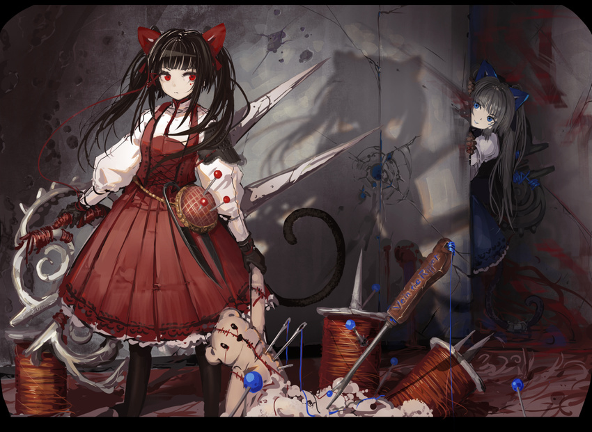 bad_id bad_nicoseiga_id bangs black_gloves black_hair blood blood_stain blue_bow blue_eyes blunt_bangs bow character_request cibo_(killy) closed_mouth dress gloves hair_bow holding holding_scissors holding_weapon letterboxed long_hair long_sleeves multiple_girls nagai_gojitsudan_no_nechronica needle original pale_skin peeking_out personification red_bow red_dress red_eyes scissors shadow smile string stuffed_animal stuffed_toy tail teddy_bear twintails weapon