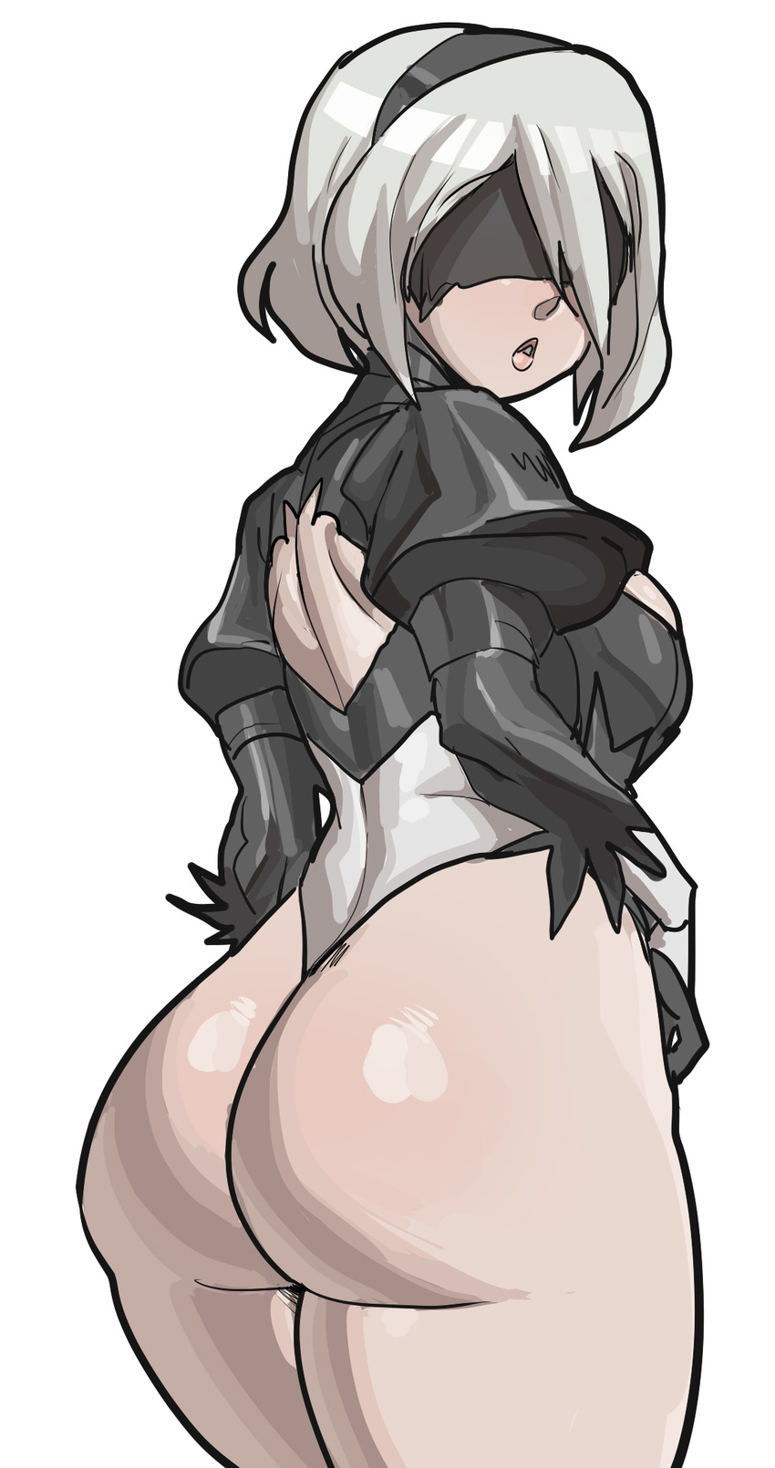 ass back_cutout black_gloves black_hairband blindfold covered_eyes from_behind gloves hairband highres juliet_sleeves leotard lips long_sleeves looking_back maniacpaint nier_(series) nier_automata puffy_sleeves silver_hair solo thick_thighs thighs white_leotard yorha_no._2_type_b