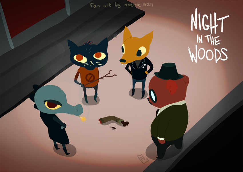 alligator angus_(nitw) arthropod bea_(nitw) bear canine cat cockroach crocodilian feline fox gregg_(nitw) insect mae_(nitw) mammal miesikard night_in_the_woods reptile scalie stick