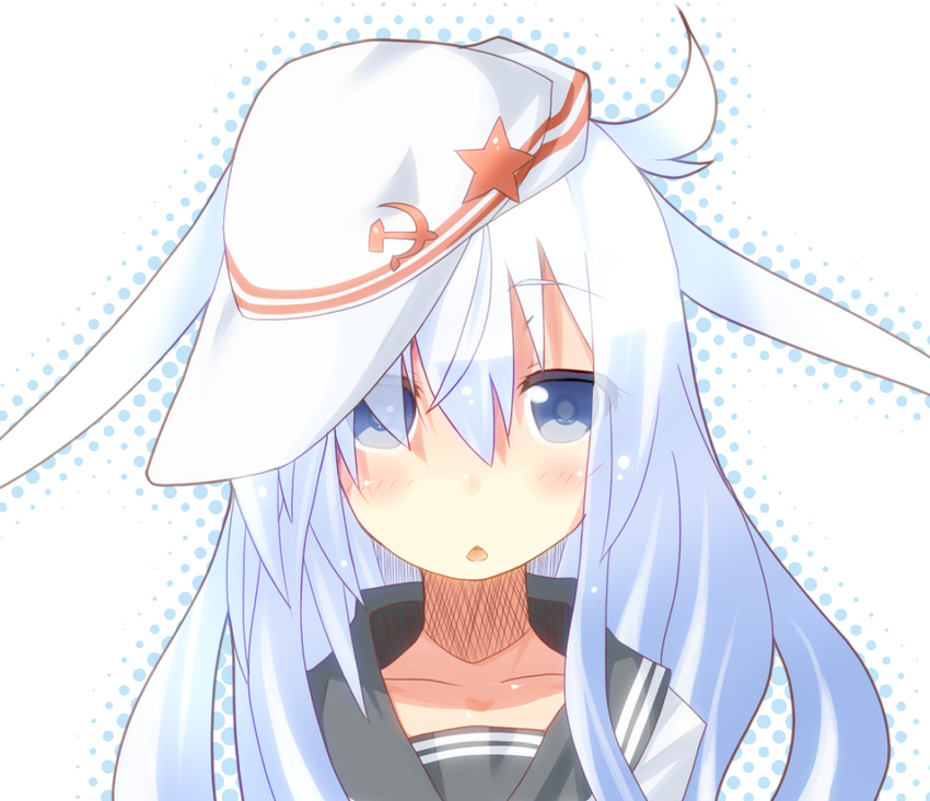 blue_eyes blush eyebrows_visible_through_hair eyes_visible_through_hair hammer_and_sickle hat hibiki_(kantai_collection) kantai_collection long_hair looking_at_viewer miiyon open_mouth silver_hair solo star triangle_mouth verniy_(kantai_collection) white_hat