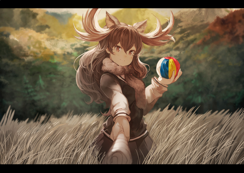 animal_ears antlers baton blush brown_eyes brown_hair brown_scarf brown_skirt brown_vest commentary cowboy_shot extra_ears eyebrows_visible_through_hair eyelashes field foreshortening hair_between_eyes holding kemono_friends koruse letterboxed long_hair long_sleeves looking_at_viewer moose_(kemono_friends) moose_ears mountain multicolored_shirt nature outdoors paper_balloon pleated_skirt pov reaching_out scarf scenery school_uniform shirt skirt smile solo sweater_vest tree tsurime vest wavy_hair wind