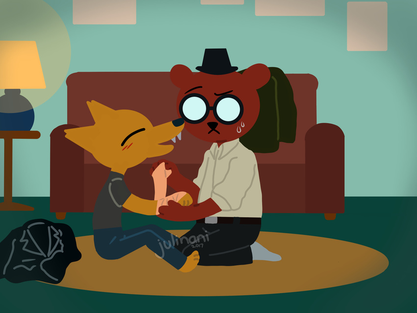 angus_(nitw) bandage bear canine fox gregg_(nitw) hat inside julinani male mammal night_in_the_woods sofa