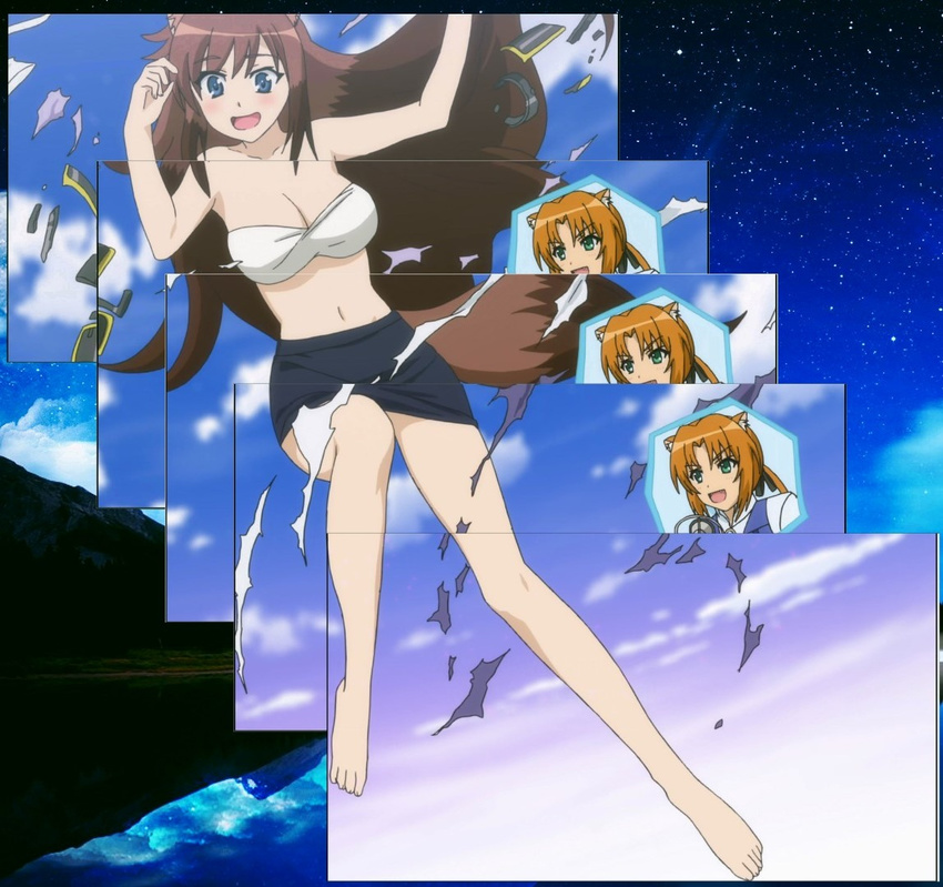 1girl animal_ears blue breasts brioche_d'arquien brown_hair cleavage dog_days dog_ears dog_tail eyes large_breasts long_hair navel screencap stitched