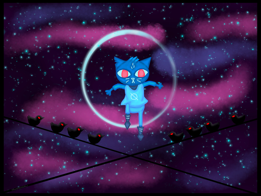 avian bird cat feline mae_(nitw) mammal moon night_in_the_woods phoenixgirl1 pink_eyes red_eyes star wire