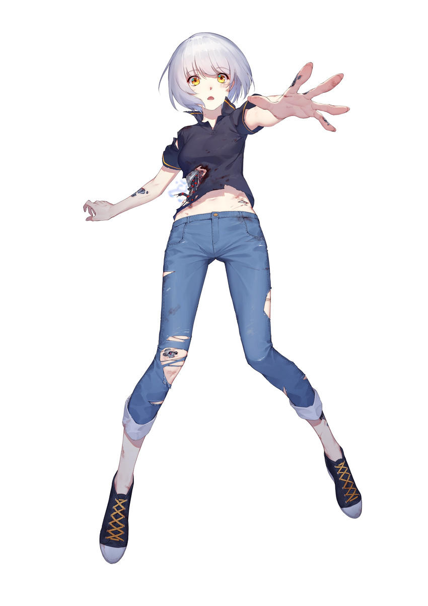 absurdres android damaged daye_bie_qia_lian full_body highres looking_at_viewer original parts_exposed reaching_out science_fiction short_hair silver_hair simple_background solo torn_clothes yellow_eyes