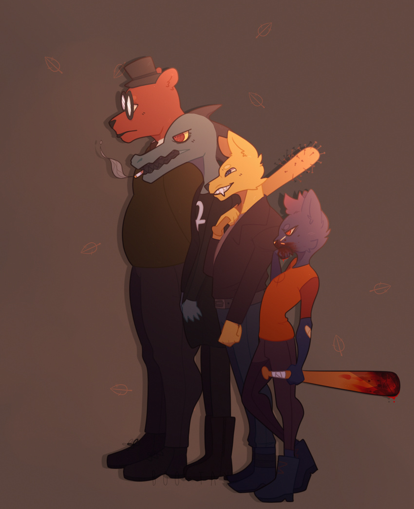 alligator angus_(nitw) baseball_bat bea_(nitw) bear blood boo-tay canine cat crocodilian feline fox gregg_(nitw) mae_(nitw) mammal night_in_the_woods reptile scalie