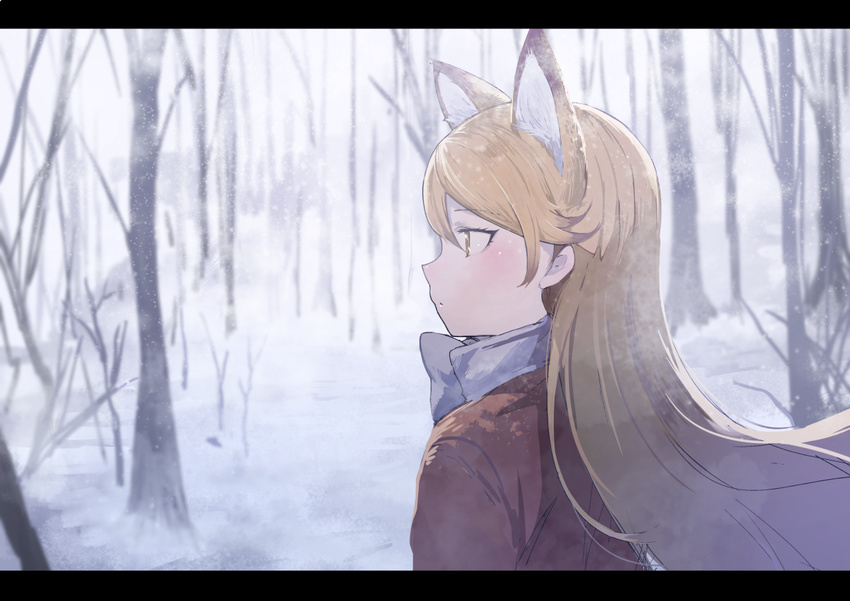 animal_ears bare_tree blazer blonde_hair blush bow bowtie closed_mouth commentary expressionless extra_ears eyebrows_visible_through_hair eyelashes ezo_red_fox_(kemono_friends) fox_ears from_behind from_side jacket kemono_friends koruse letterboxed light_brown_eyes long_hair long_sleeves looking_afar orange_jacket outdoors profile scenery snow snowing solo tree tsurime upper_body white_bow white_neckwear