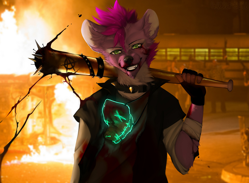 5_fingers angiewolf anthro black_nose blood clothed clothing detailed_background green_eyes hair holding_object holding_weapon hyena male mammal purple_hair smile solo weapon