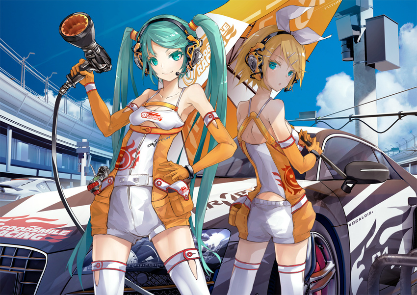 ajigo aqua_eyes aqua_hair arm_up audi_r8 bangs blonde_hair blue_sky breasts car closed_mouth cloud colored_eyelashes condensation_trail contrapposto cosplay day elbow_gloves from_behind gloves goodsmile_company goodsmile_racing ground_vehicle hair_ornament hairclip hand_on_hip hatsune_miku hatsune_miku_(cosplay) headphones headset holding holding_umbrella kagamine_rin long_hair looking_at_viewer mechanic microphone motor_vehicle multiple_girls orange_gloves outdoors parted_lips pouch power_tool race_queen racecar racetrack racing_miku racing_miku_(2010) short_hair short_shorts shorts sky sleeveless small_breasts smile spaghetti_strap standing swept_bangs thighhighs twintails umbrella very_long_hair vocaloid white_legwear white_shorts