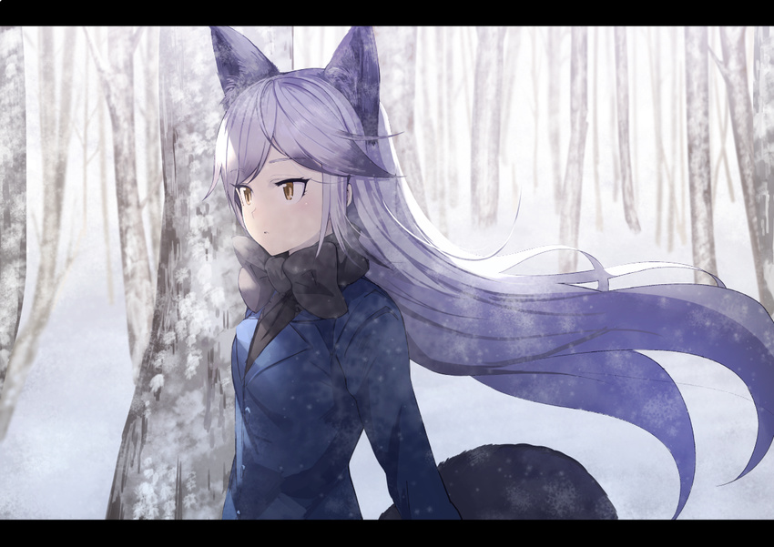 :o animal_ears arms_at_sides bare_tree black_bow black_neckwear blazer blue_jacket bow bowtie breath brown_eyes buttons commentary extra_ears eyebrows eyebrows_visible_through_hair eyelashes floating_hair fox_ears fox_tail from_side grey_hair jacket kemono_friends koruse letterboxed long_hair long_sleeves looking_away multicolored_hair necktie open_mouth outdoors sanpaku scenery silver_fox_(kemono_friends) snow snowing solo tail tree tsurime two-tone_hair upper_body very_long_hair wind