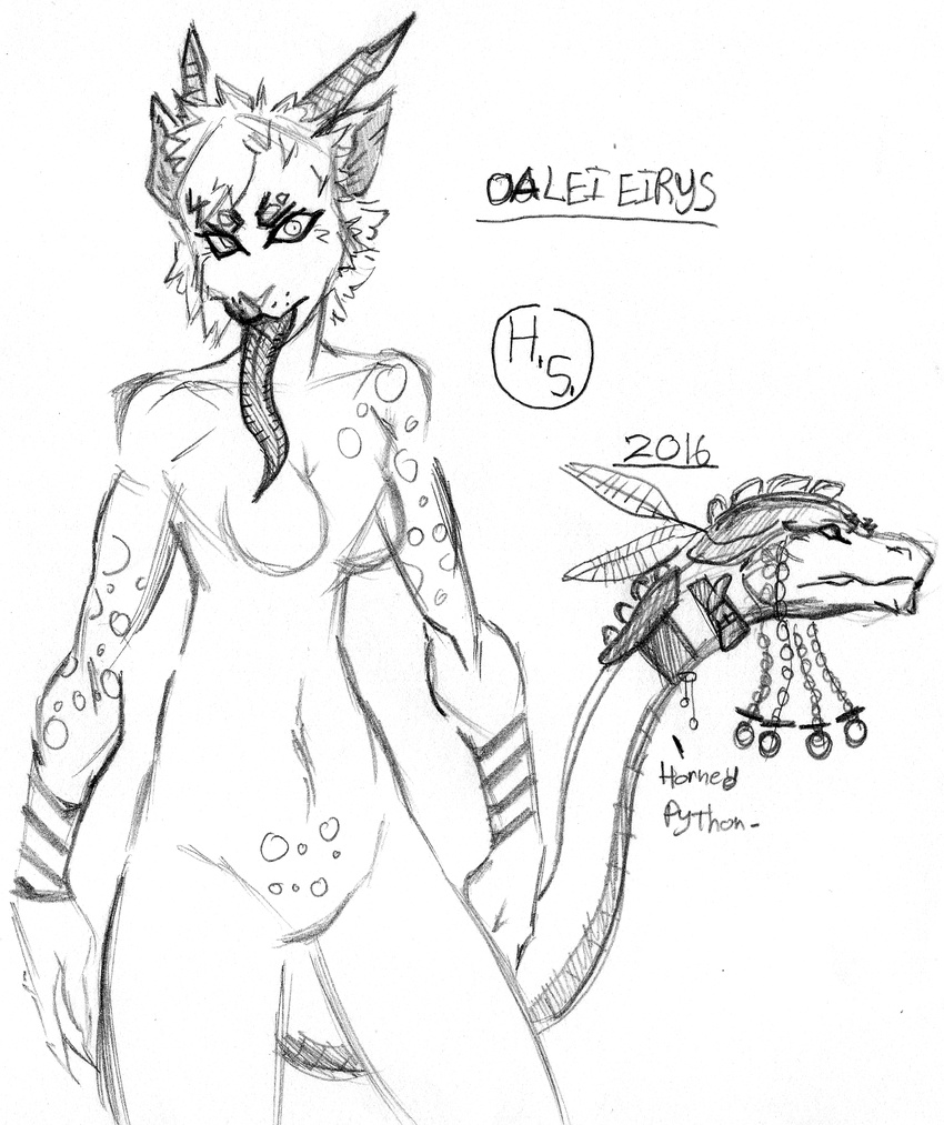 2017 ambiguous_gender anaconda anthro antihero armor artist_name athletic athletic_female bangs beads breasts chimera eye_brows feathers female fur gem harpseal head_dress horn hybrid long_tail long_tongue multicolored_fur name navel nude oalei_eirys padding reptile scales scalie seductive snake spiky_hair spots standing stripes tongue two_tone_fur whiskers