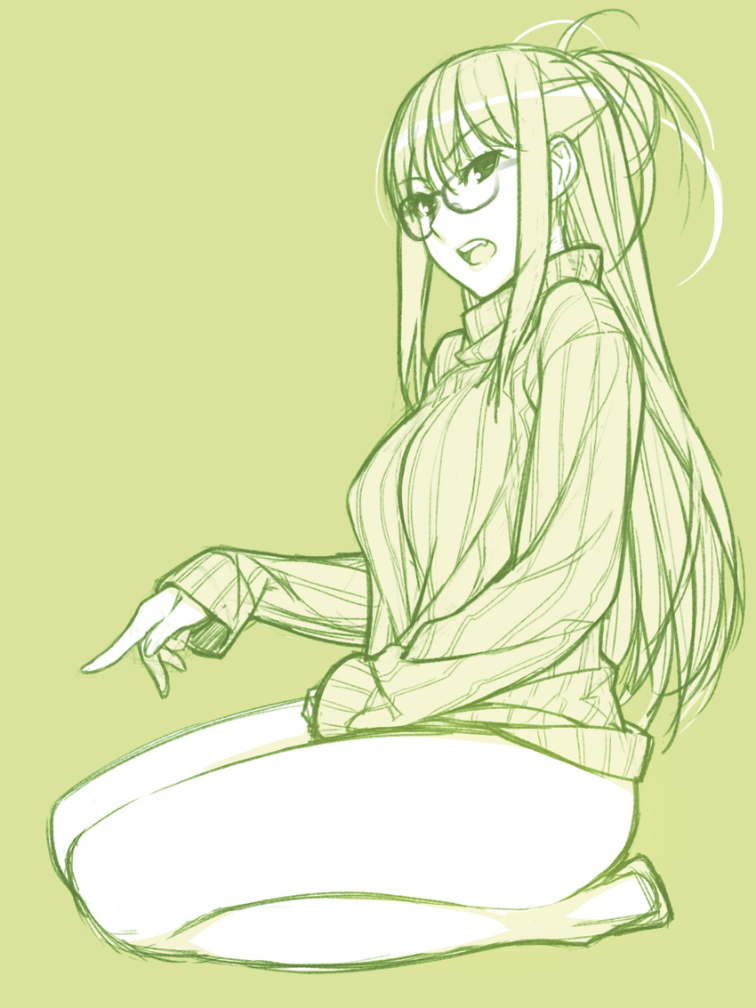 aran_sweater barefoot full_body glasses green highres ino kisaragi_rei legs long_hair looking_at_viewer monochrome open_mouth otome_function sidelocks sitting solo sweater teeth wariza