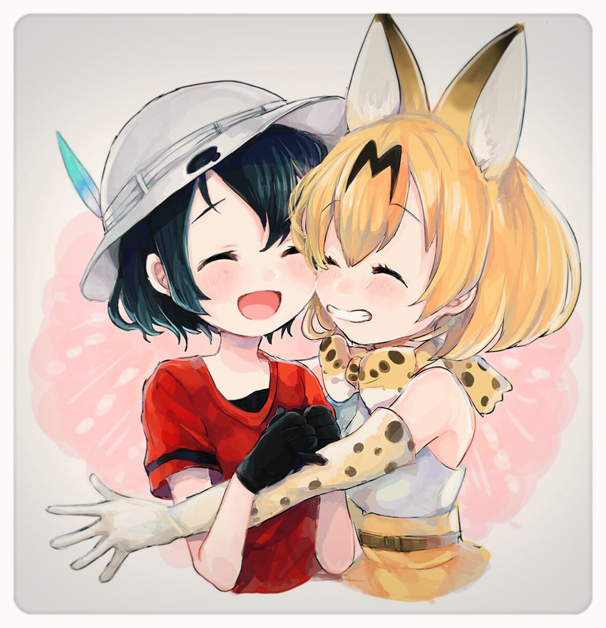 ^_^ animal_ears bare_shoulders belt black_gloves black_hair blush border brown_belt closed_eyes comeco commentary elbow_gloves extra_ears eyebrows_visible_through_hair facing_another gloves grey_background grin hands_up happy hat hat_feather helmet hug jpeg_artifacts kaban_(kemono_friends) kemono_friends multicolored multicolored_background multiple_girls open_mouth orange_hair own_hands_together pink_background pith_helmet red_shirt rounded_corners serval_(kemono_friends) serval_ears serval_print shirt short_hair short_sleeves skirt sleeveless sleeveless_shirt smile teeth upper_body white_border white_shirt |d