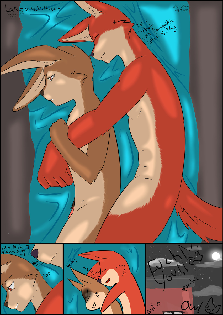 &lt;3 anthro bed canine comic disney embrace english_text fennec finnick flaccid fox humanoid_penis male male/male mammal nick_wilde penis ryutzke_douga_(artist) text zootopia