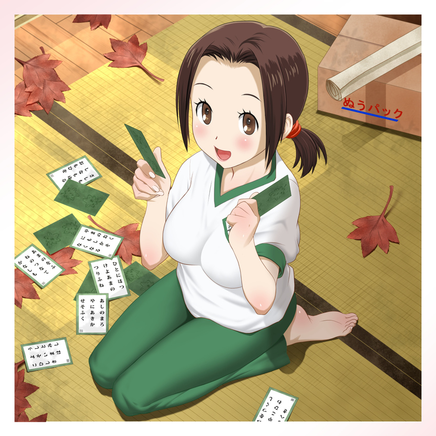 autumn_leaves barefoot blush box breasts brown_eyes brown_hair card chihayafuru forehead green_pants gym_shirt gym_uniform highres holding holding_card indoors iroha_karuta kneeling large_breasts leaf looking_at_viewer ooe_kanade open_mouth pants salamander_(team_7th) scroll shadow shirt short_twintails solo t-shirt tatami track_pants twintails white_shirt