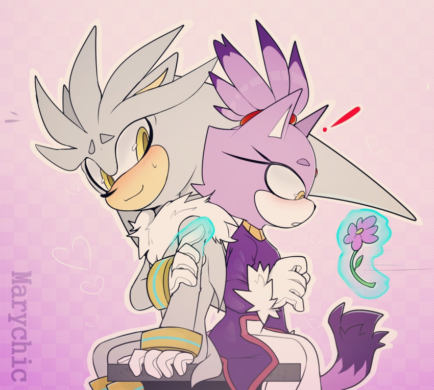 anthro blaze_the_cat blush clothed clothing digital_media_(artwork) duo eulipotyphlan exclamation_point felid feline female flower fur gloves handwear hedgehog hi_res male male/female mammal marychic plant purple_body purple_fur romantic romantic_couple sega silver_the_hedgehog simple_background sitting smile sonic_the_hedgehog_(series) telekinesis