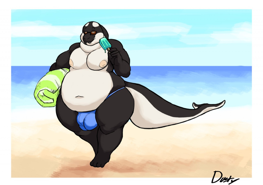 2016 anthro beach bulge cetacean clothing dusty-pixels eyewear food male mammal marine musclegut nipples orca overweight seaside smile solo standing sunglasses swimsuit tagme thick_thighs whale