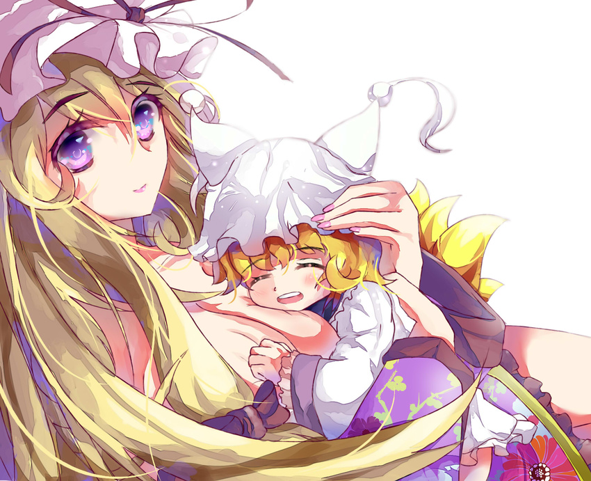 animal_ears blizzomos blonde_hair blush bow breasts child cleavage closed_eyes commentary fox_ears fox_tail hair_bow hat hat_ribbon highres large_breasts long_hair long_sleeves looking_at_viewer mob_cap multiple_girls multiple_tails open_mouth purple_eyes ribbon short_hair simple_background smile tail touhou white_background wide_sleeves yakumo_ran yakumo_yukari younger