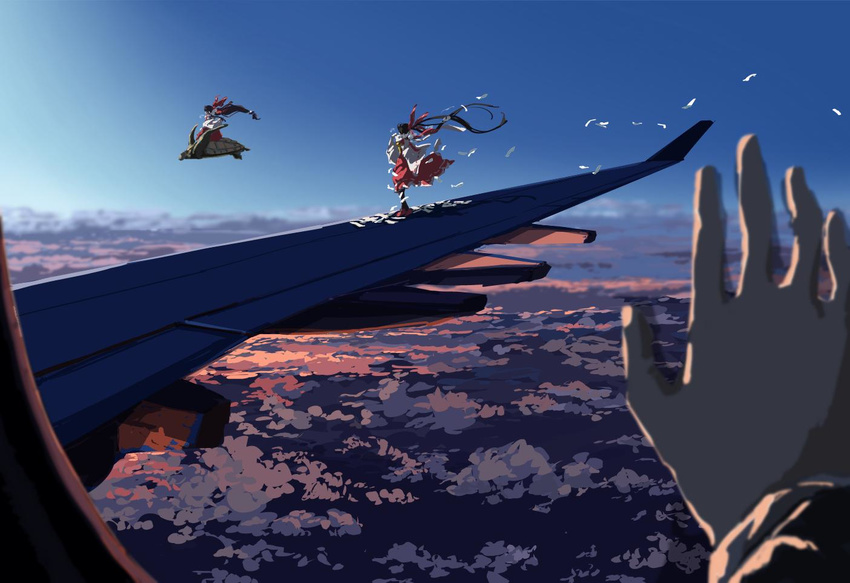 above_clouds aircraft airplane airplane_interior airplane_wing ascot black_hair blue_sky bow cloud cloudy_sky commentary daradarahundosi detached_sleeves dual_persona flying frilled_skirt frills genjii hair_bow hair_ribbon hakama_skirt hakurei_reimu hakurei_reimu_(pc-98) hands japanese_clothes jpeg_artifacts long_hair long_ponytail miko morning multiple_girls nontraditional_miko ofuda ponytail pov red_footwear red_skirt ribbon shoes sitting skirt sky standing sunrise talisman touhou touhou_(pc-98) very_long_hair