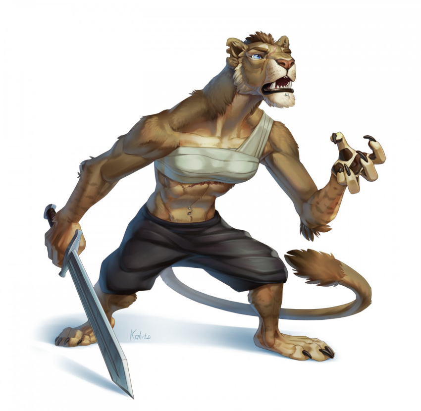 anthro black_lips blue_eyes chest_wraps claws clothed clothing fangs feline female kahito_slydeft_(artist) lion mammal melee_weapon pantherine shorts simple_background solo standing sword tail_tuft topless tuft weapon white_background wraps zaar