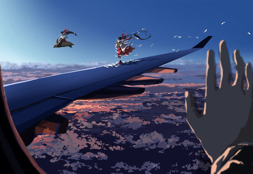 above_clouds aircraft airplane airplane_interior airplane_wing ascot black_hair blue_sky bow cloud cloudy_sky commentary_request daradarahundosi detached_sleeves dual_persona flying frilled_skirt frills genjii hair_bow hair_ribbon hakama_skirt hakurei_reimu hakurei_reimu_(pc-98) hands japanese_clothes jpeg_artifacts long_hair long_ponytail miko morning multiple_girls nontraditional_miko ofuda ponytail pov red_footwear red_skirt ribbon shoes sitting skirt sky standing sunrise talisman touhou touhou_(pc-98) very_long_hair