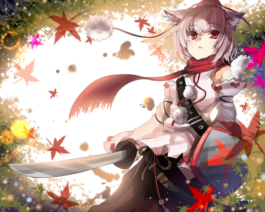 animal_ears belt blizzomos chestnut_mouth commentary detached_sleeves hat inubashiri_momiji japanese_clothes leaf long_sleeves looking_at_viewer maple_leaf open_mouth pom_pom_(clothes) red_eyes rope scarf shield shirt short_hair skirt solo string sword tokin_hat touhou weapon white_hair wide_sleeves wolf_ears