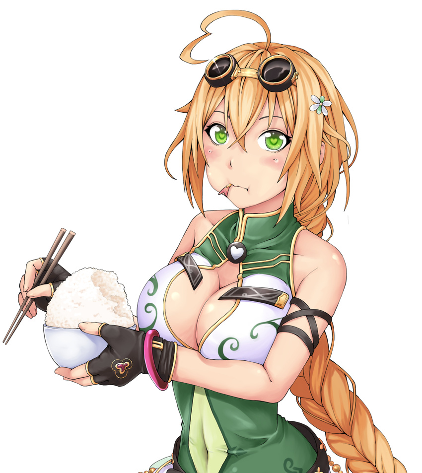 :t ayase_tamaki balloon balloon_vine_(flower_knight_girl) bare_shoulders black_gloves blonde_hair blush bowl bracelet braid breasts chopsticks cleavage cleavage_cutout covered_navel cup eating fingerless_gloves fish flower flower_knight_girl food food_in_mouth gloves goggles goggles_on_head green_eyes hair_flower hair_ornament hairpin heart heart-shaped_pupils highres impossible_clothes jewelry large_breasts long_hair looking_at_viewer rice shirt simple_background sleeveless sleeveless_shirt solo symbol-shaped_pupils white_background