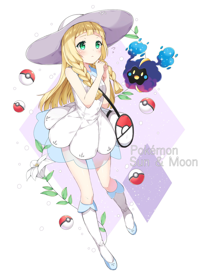 absurdres bag bangs bare_arms bare_shoulders blonde_hair blunt_bangs blush boots braid breasts chitetan closed_mouth copyright_name cosmog diamond_(shape) dress english eyelashes flower frown full_body gen_7_pokemon green_eyes hat highres lillie_(pokemon) lily_(flower) long_hair looking_at_viewer looking_up namesake own_hands_together poke_ball poke_ball_(generic) pokemon pokemon_(creature) pokemon_(game) pokemon_sm see-through sleeveless sleeveless_dress small_breasts sparkle sun_hat twin_braids white_background white_dress white_flower white_footwear white_hat