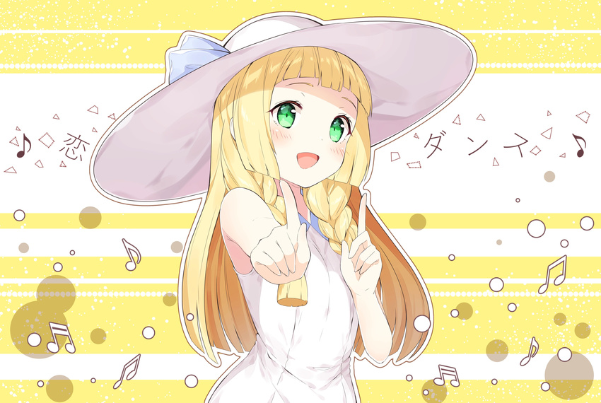 :d absurdres armpit_crease arms_up bangs beamed_eighth_notes beamed_sixteenth_notes blonde_hair blunt_bangs blush braid chitetan commentary_request dress eighth_note green_eyes happy hat highres index_finger_raised koi_dance lillie_(pokemon) long_hair looking_at_viewer music musical_note open_mouth pokemon pokemon_(game) pokemon_sm simple_background sleeveless sleeveless_dress smile solo sun_hat twin_braids upper_body white_hat yellow_background