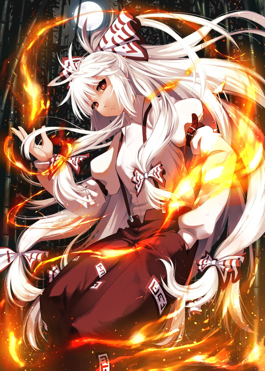 &gt;:( arm_garter bamboo bamboo_forest bow breasts closed_mouth collared_shirt commentary_request cowboy_shot fire forest frown fujiwara_no_mokou full_moon hair_bow hand_in_pocket highres juliet_sleeves long_hair long_sleeves looking_at_viewer medium_breasts moon nature night ofuda_on_clothes ouma_tokiichi pants puffy_sleeves red_eyes red_pants revision serious shirt solo suspenders touhou v-shaped_eyebrows very_long_hair white_hair white_shirt